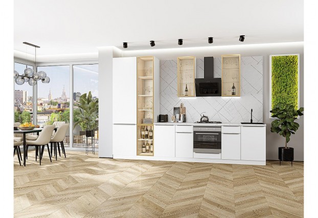 Кухонный гарнитур Фьюжн-08 Silky White, Белый 340 см, столешница Пирит светлый, со стеклянными полками