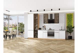 Кухонный гарнитур Фьюжн-08 Silky White, Дуб Вотан 340 см, столешница Пирит светлый, со стеклянными полками