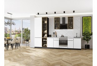 Кухонный гарнитур Фьюжн-08 Silky White, Graphite 340 см, столешница Пирит светлый, со стеклянными полками