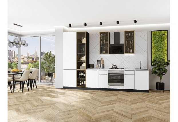 Кухонный гарнитур Фьюжн-08 Silky White, Graphite 340 см, столешница Пирит светлый, со стеклянными полками