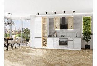 Кухонный гарнитур Фьюжн-08 Angel, Белый 340 см, столешница Песчаный камень глянец, со стеклянными полками