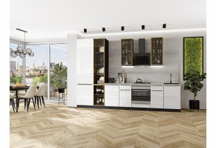 Кухонный гарнитур Фьюжн-08 Angel, Graphite 340 см, столешница Песчаный камень глянец, со стеклянными полками