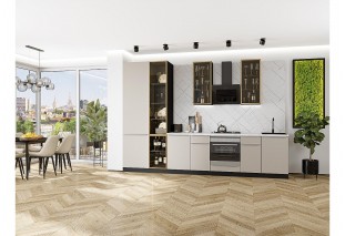 Кухонный гарнитур Фьюжн-08 Cream Silk, Graphite 340 см, столешница Пирит светлый, со стеклянными полками