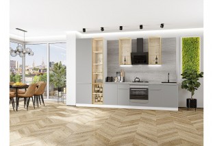 Кухонный гарнитур Фьюжн-08 Silky Light Grey, Белый 340 см, столешница Песчаный камень глянец, со стеклянными полками