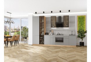 Кухонный гарнитур Фьюжн-08 Silky Light Grey, Дуб Вотан 340 см, столешница Песчаный камень глянец, со стеклянными полками