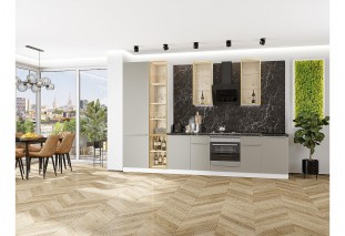 Кухонный гарнитур Фьюжн-08 Silky Grey, Белый 340 см, столешница Мрамор черный, со стеклянными полками