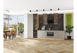 Кухонный гарнитур Фьюжн-08 Silky Grey, Дуб Вотан 340 см, столешница Мрамор черный, со стеклянными полками