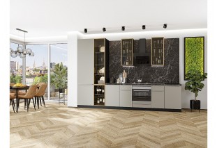 Кухонный гарнитур Фьюжн-08 Silky Grey, Graphite 340 см, столешница Мрамор черный, со стеклянными полками