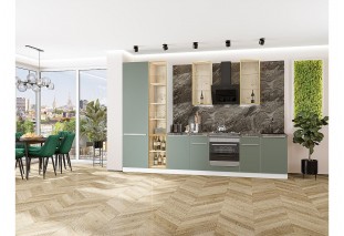 Кухонный гарнитур Фьюжн-08 Silky Mint, Белый 340 см, столешница Мрамор горный, со стеклянными полками