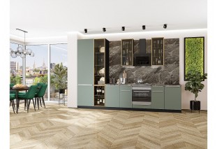 Кухонный гарнитур Фьюжн-08 Silky Mint, Graphite 340 см, столешница Мрамор горный, со стеклянными полками