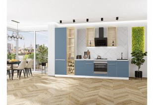 Кухонный гарнитур Фьюжн-08 Silky Blue, Белый 340 см, столешница Пирит светлый, со стеклянными полками