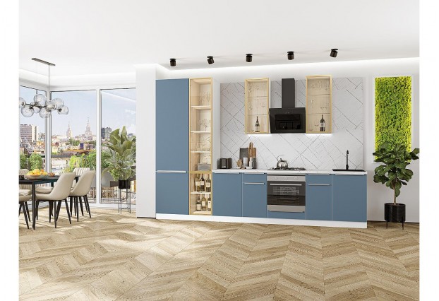 Кухонный гарнитур Фьюжн-08 Silky Blue, Белый 340 см, столешница Пирит светлый, со стеклянными полками