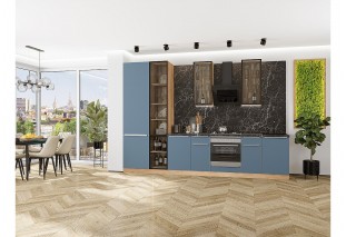 Кухонный гарнитур Фьюжн-08 Silky Blue, Дуб Вотан 340 см, столешница Мрамор черный, со стеклянными полками