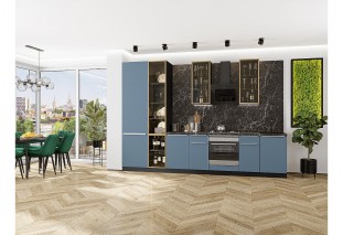 Кухонный гарнитур Фьюжн-08 Silky Blue, Graphite 340 см, столешница Мрамор черный, со стеклянными полками