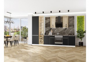 Кухонный гарнитур Фьюжн-08 Stormy Silk, Белый 340 см, столешница Мрамор горный, со стеклянными полками