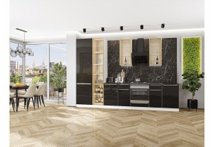 Кухонный гарнитур Фьюжн-08 Anthracite, Белый 340 см, столешница Мрамор черный, со стеклянными полками