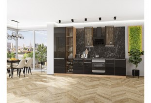 Кухонный гарнитур Фьюжн-08 Anthracite, Дуб Вотан 340 см, столешница Мрамор черный, со стеклянными полками