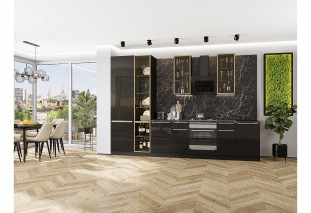 Кухонный гарнитур Фьюжн-08 Anthracite, Graphite 340 см, столешница Мрамор черный, со стеклянными полками