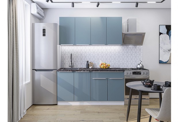 Кухонный гарнитур Фьюжн-10 Silky Blue, Белый 160 см, столешница Мрамор черный