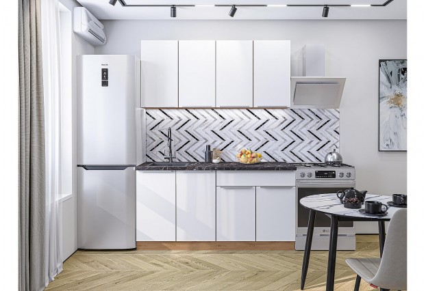 Кухонный гарнитур Фьюжн-10 Silky White, Дуб Вотан 160 см, столешница Мрамор черный
