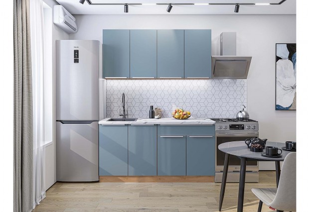 Кухонный гарнитур Фьюжн-10 Silky Blue, Дуб Вотан 160 см, столешница Гранит белый