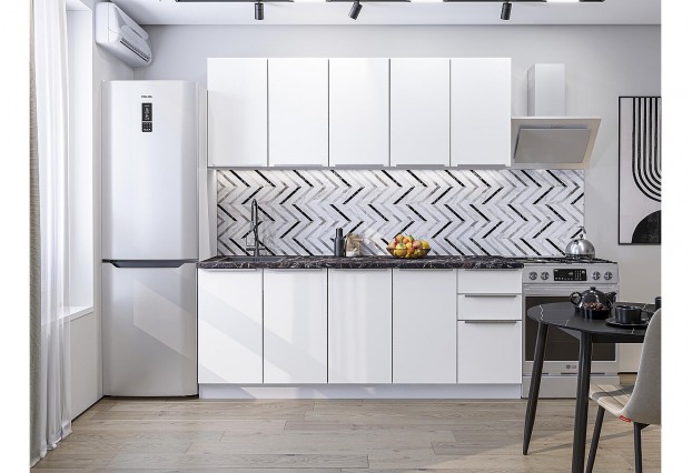 Кухонный гарнитур Фьюжн-11 Silky White, Белый 200 см, столешница Мрамор черный