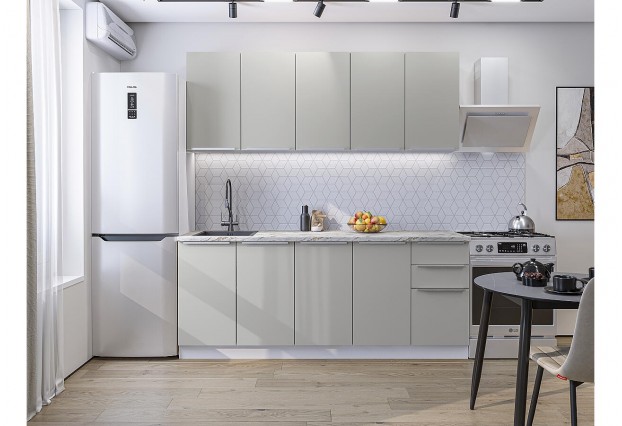 Кухонный гарнитур Фьюжн-11 Silky Light Grey, Белый 200 см, столешница Мрамор альпийский