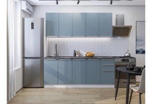 Кухонный гарнитур Фьюжн-11 Silky Blue, Белый 200 см, столешница Черный детройт