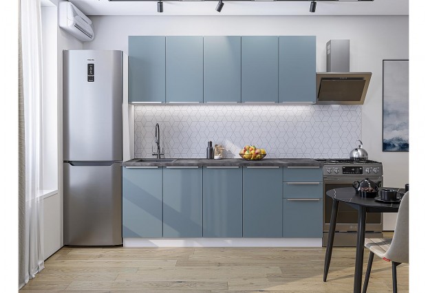 Кухонный гарнитур Фьюжн-11 Silky Blue, Белый 200 см, столешница Черный детройт