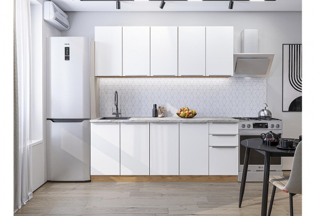Кухонный гарнитур Фьюжн-11 Silky White, Дуб Вотан 200 см, столешница Мрамор альпийский