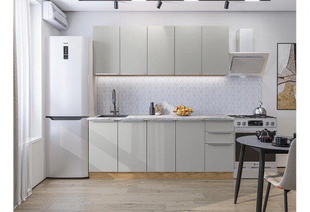 Кухонный гарнитур Фьюжн-11 Silky Light Grey, Дуб Вотан 200 см, столешница Мрамор альпийский