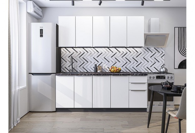 Кухонный гарнитур Фьюжн-11 Silky White, Graphite 200 см, столешница Мрамор черный