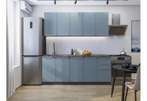 Кухонный гарнитур Фьюжн-11 Silky Blue, Graphite 200 см, столешница Черный детройт