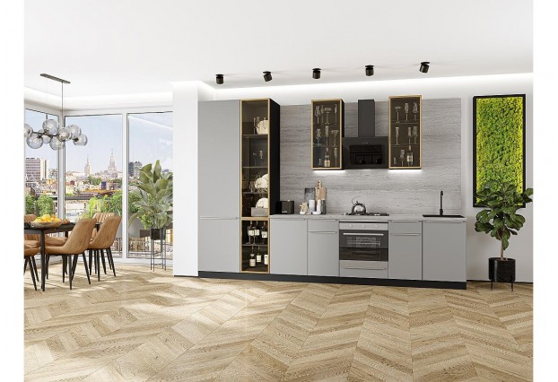 Кухонный гарнитур Фьюжн-08 Silky Light Grey, Graphite 340 см, столешница Песчаный камень глянец, со стеклянными полками