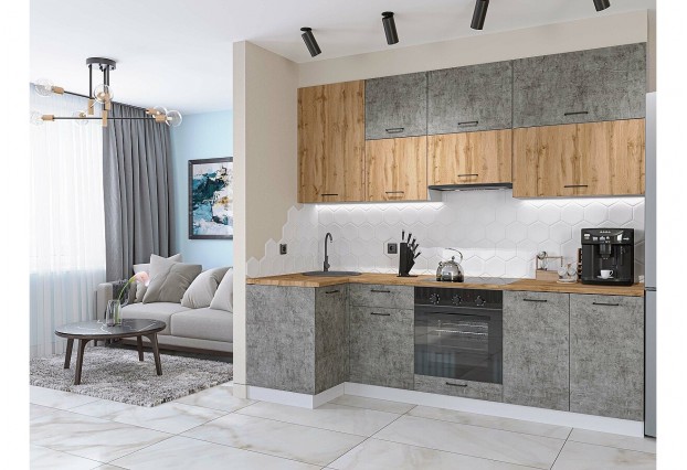 Кухонный гарнитур Флэт-04 Wotan Oak 2S/Temple Stone 2S, Белый 100/250 см, столешница Дуб натуральный