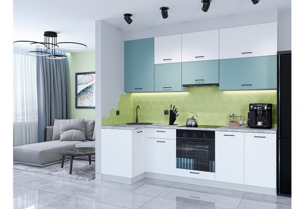 Кухонный гарнитур Флэт-04 Grey-green In 2S/White In 2S, Белый 100/250 см, столешница Снежный мрамор