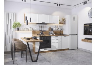Кухонный гарнитур Фрейм-01 White Silk, Дуб Вотан 230 см, столешница Дуб натуральный