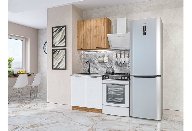 Кухонный гарнитур Флэт-03 Wotan Oak 2S/White In 2S, Дуб Вотан 80 см, столешница Снежный мрамор