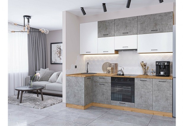 Кухонный гарнитур Флэт-04 White In 2S/Temple Stone 2S, Дуб Вотан 100/250 см, столешница Дуб натуральный