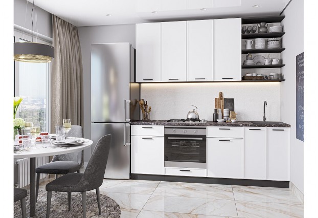 Кухонный гарнитур Фрейм-02 White Silk, Graphite 220 см, столешница Мрамор черный