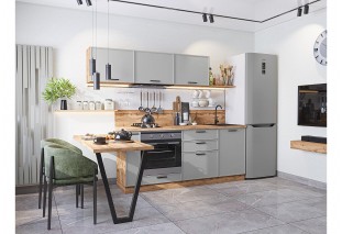 Кухонный гарнитур Фрейм-01 Grey Silk, Дуб Вотан 230 см, столешница Дуб натуральный