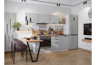Кухонный гарнитур Фрейм-01 Grey Silk, Белый 230 см, столешница Дуб натуральный