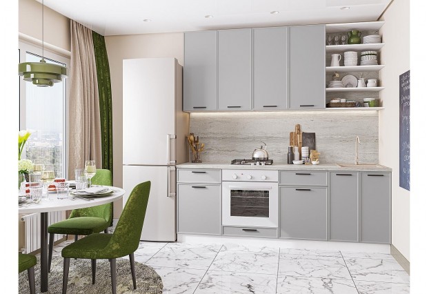 Кухонный гарнитур Фрейм-02 Grey Silk, Белый 220 см, столешница Песчаный камень глянец