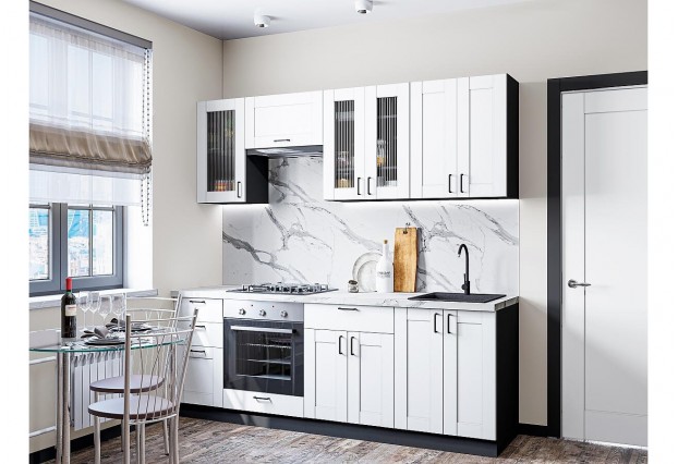 Кухонный гарнитур Лофт-01 White Silk, Graphite 220 см, столешница Гранит белый