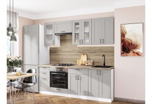 Кухонный гарнитур Лофт-01 Grey Silk, Белый 220 см, столешница Дуб табак