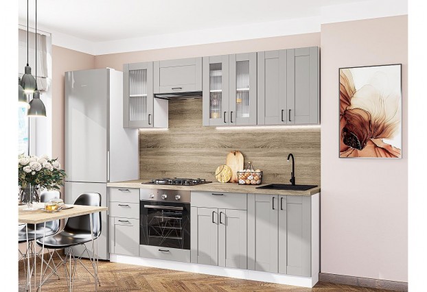 Кухонный гарнитур Лофт-01 Grey Silk, Белый 220 см, столешница Дуб табак