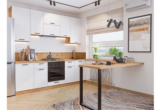 Кухонный гарнитур Фрейм-05 White Silk, Дуб Вотан 240 см, столешница Дуб натуральный