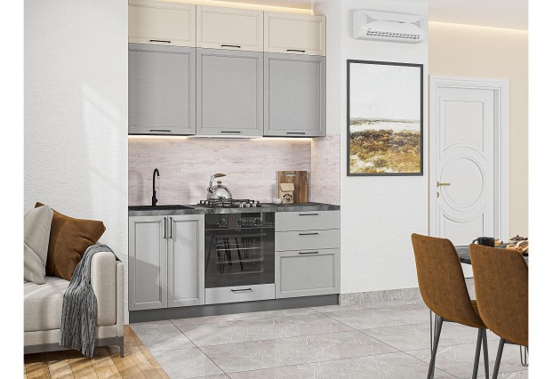 Кухонный гарнитур Сканди-06 Cream Silkwood/Grey Silkwood, Graphite 180 см, столешница Черный детройт