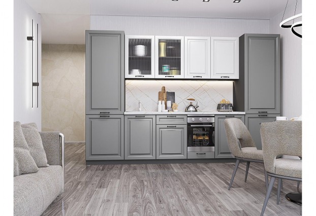 Кухонный гарнитур Ницца Royal-01 Blanco/Magnum, Graphite 315 см, столешница Пирит светлый