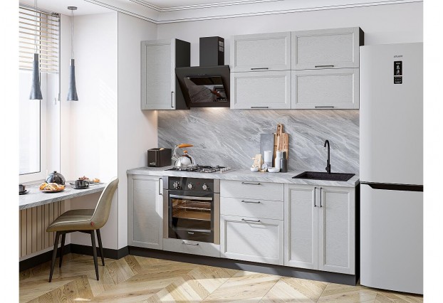 Кухонный гарнитур Сканди-01 Grey Silkwood, Graphite 220 см, столешница Снежный мрамор